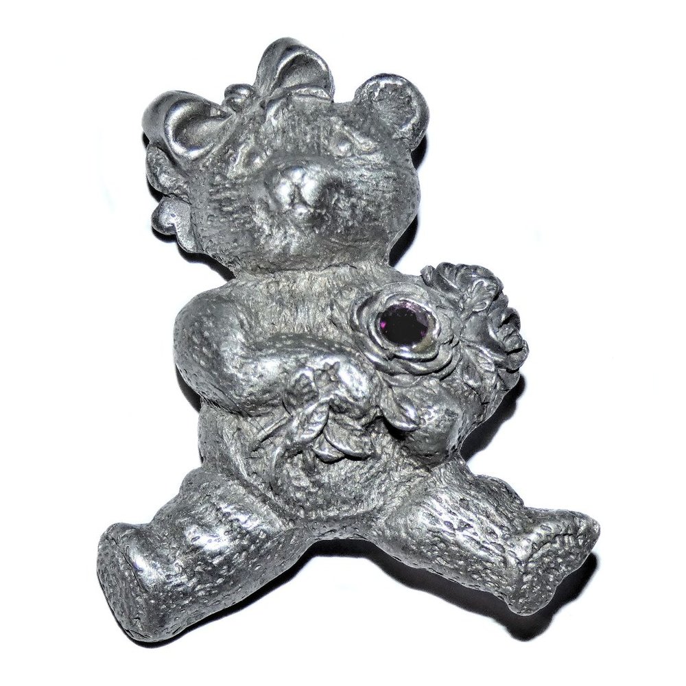 Vintage SIGNED SPOON PEWT 1116 Brooch Teddy Bear with Amethyst Stone Pewter